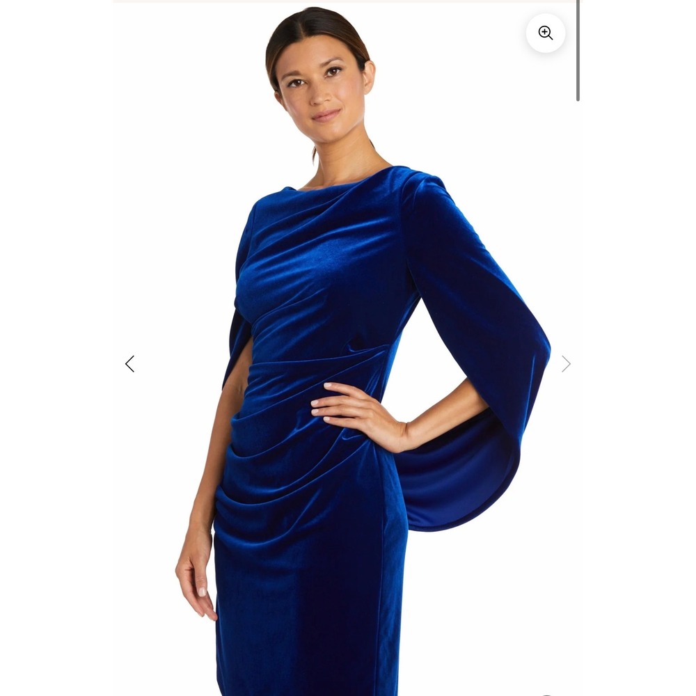 R&M Richards Royal Blue Velvet Draped Cowl Neck Cape Sleeve Dress Size 6 NEW